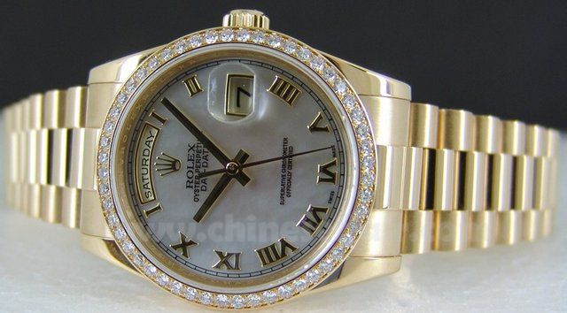 All Gold Rolex Day Date White Mop Dial Watch Diamond Bezel